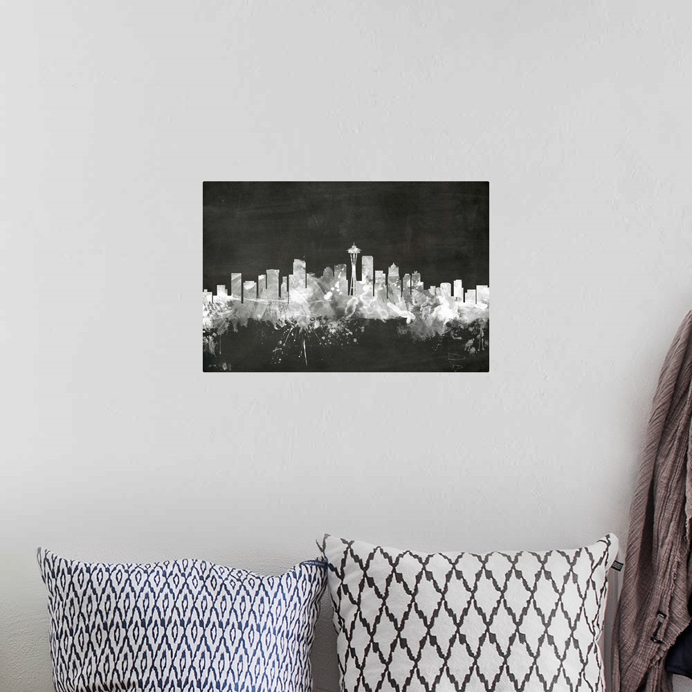 A bohemian room featuring Smokey dark watercolor silhouette of the Seattle city skyline against chalkboard background.
