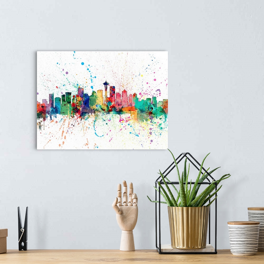 A bohemian room featuring Wild and vibrant paint splatter silhouette of the Seattle skyline.