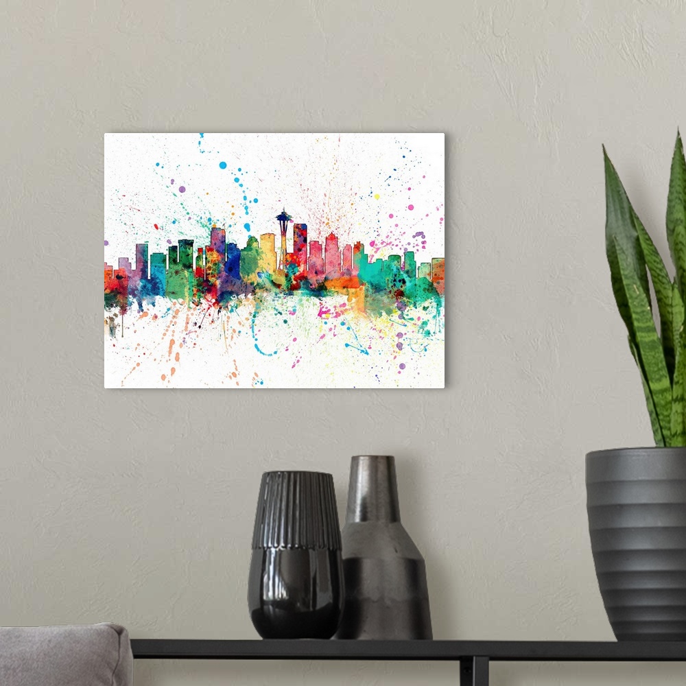 A modern room featuring Wild and vibrant paint splatter silhouette of the Seattle skyline.