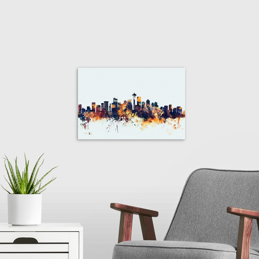 A modern room featuring Watercolor art print of the skyline of Seattle, Washington, United States