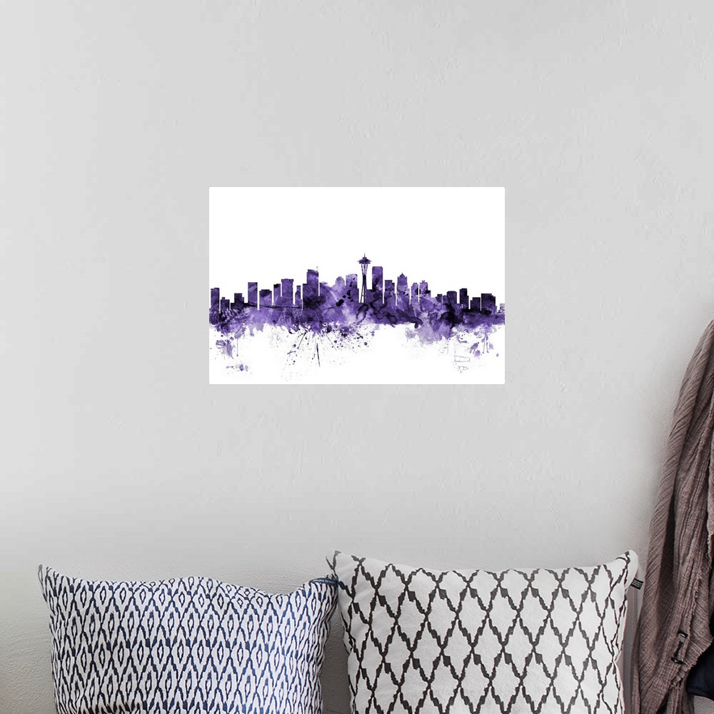 A bohemian room featuring Watercolor art print of the skyline of Seattle, Washington, United States