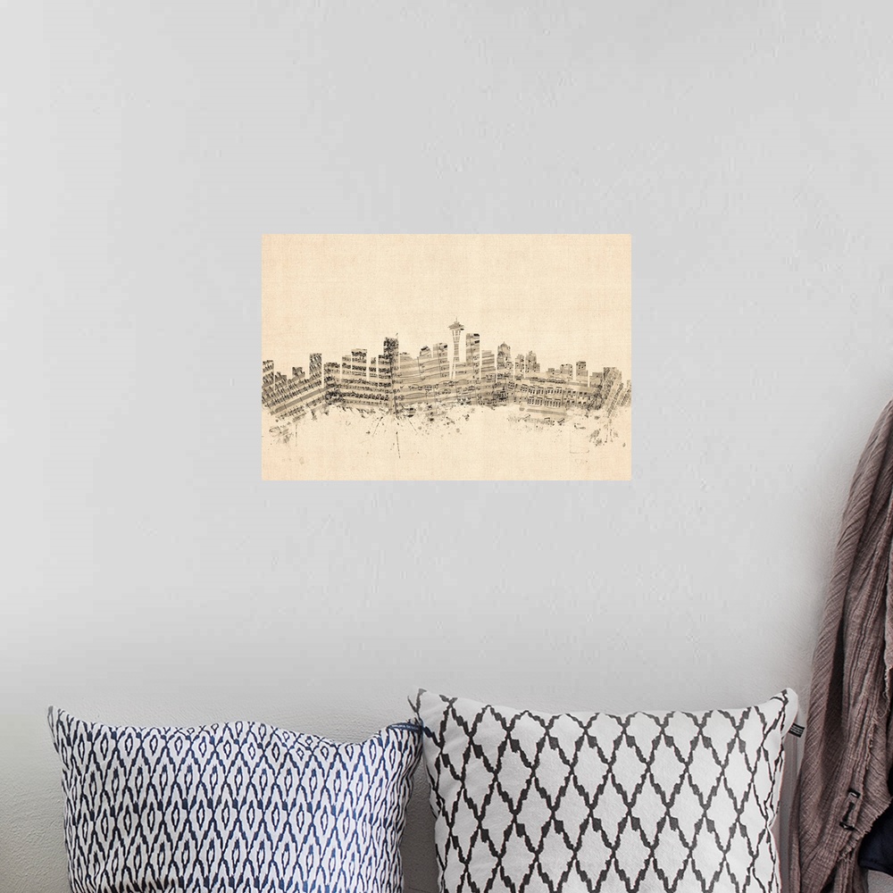 A bohemian room featuring Seattle skyline made of sheet music against a weathered beige background.