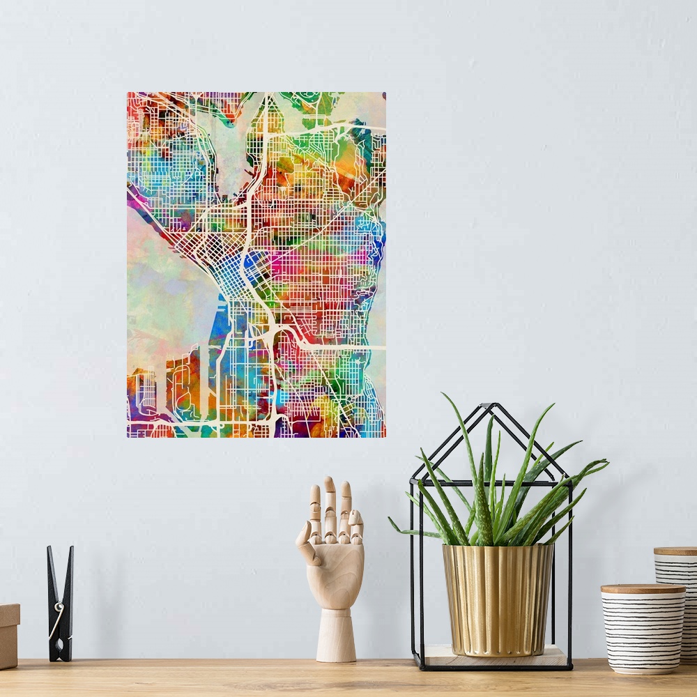 A bohemian room featuring Watercolor art map of Seattle city streets.