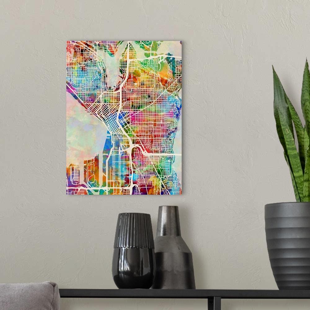 A modern room featuring Watercolor art map of Seattle city streets.