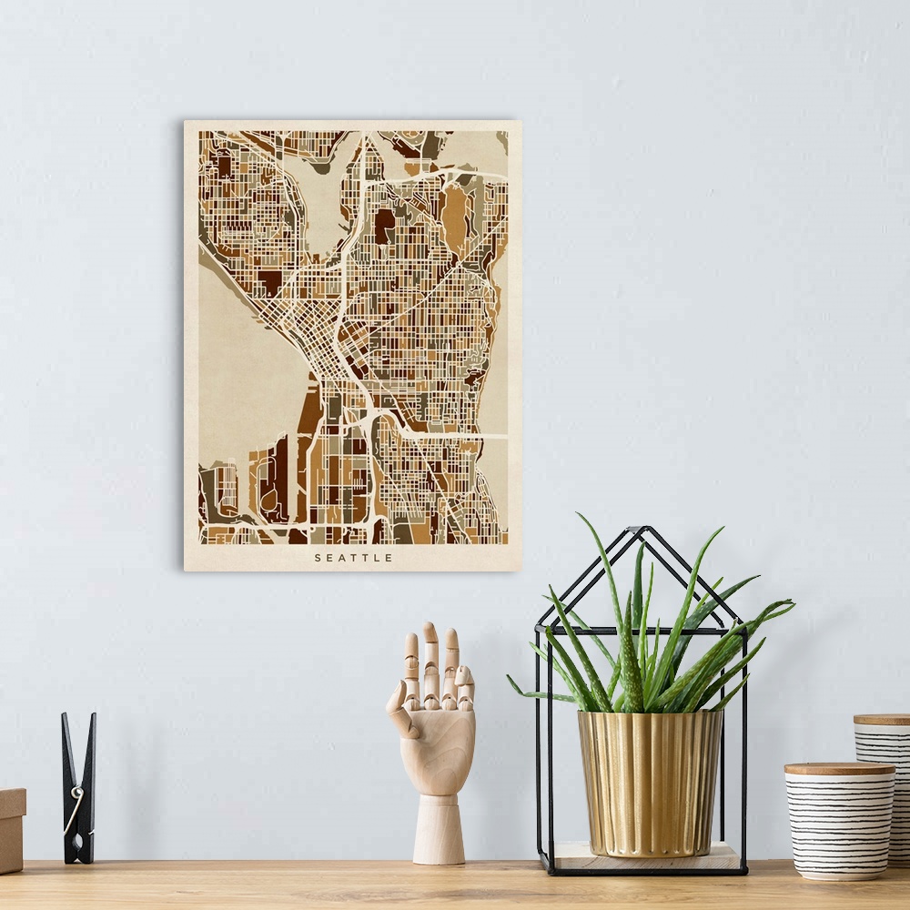 A bohemian room featuring Art map of Seattle city streets.