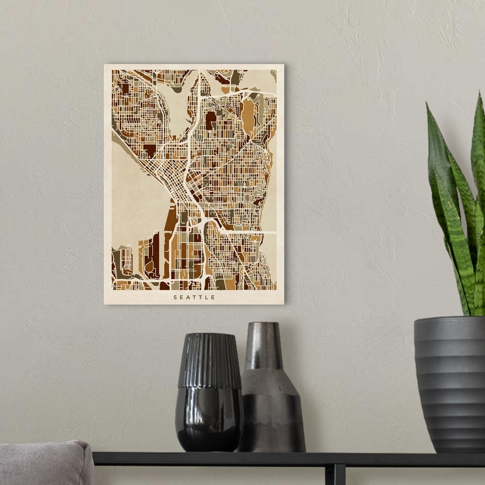A modern room featuring Art map of Seattle city streets.