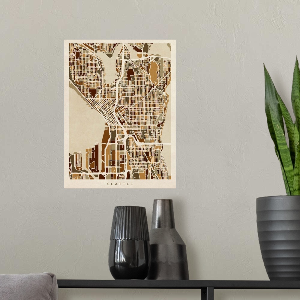 A modern room featuring Art map of Seattle city streets.