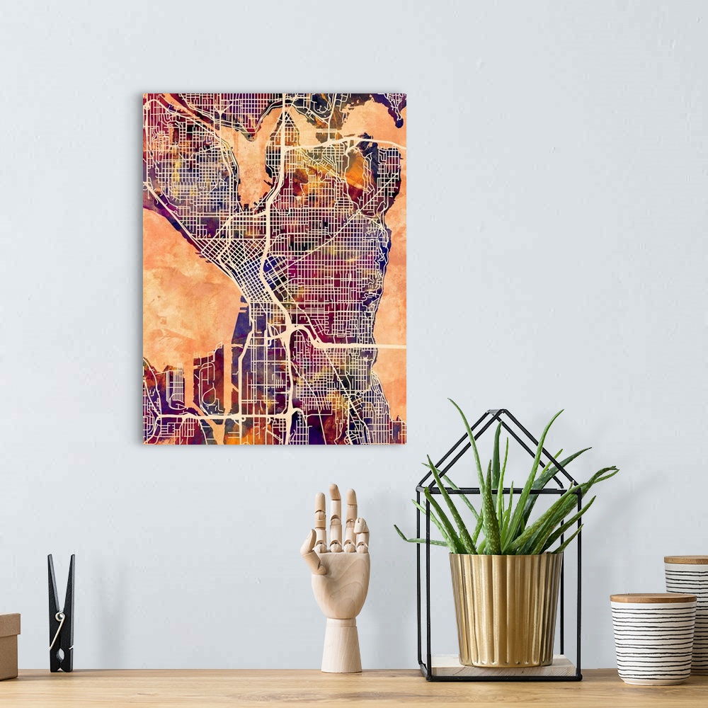 A bohemian room featuring Contemporary colorful city street map of Seattle.