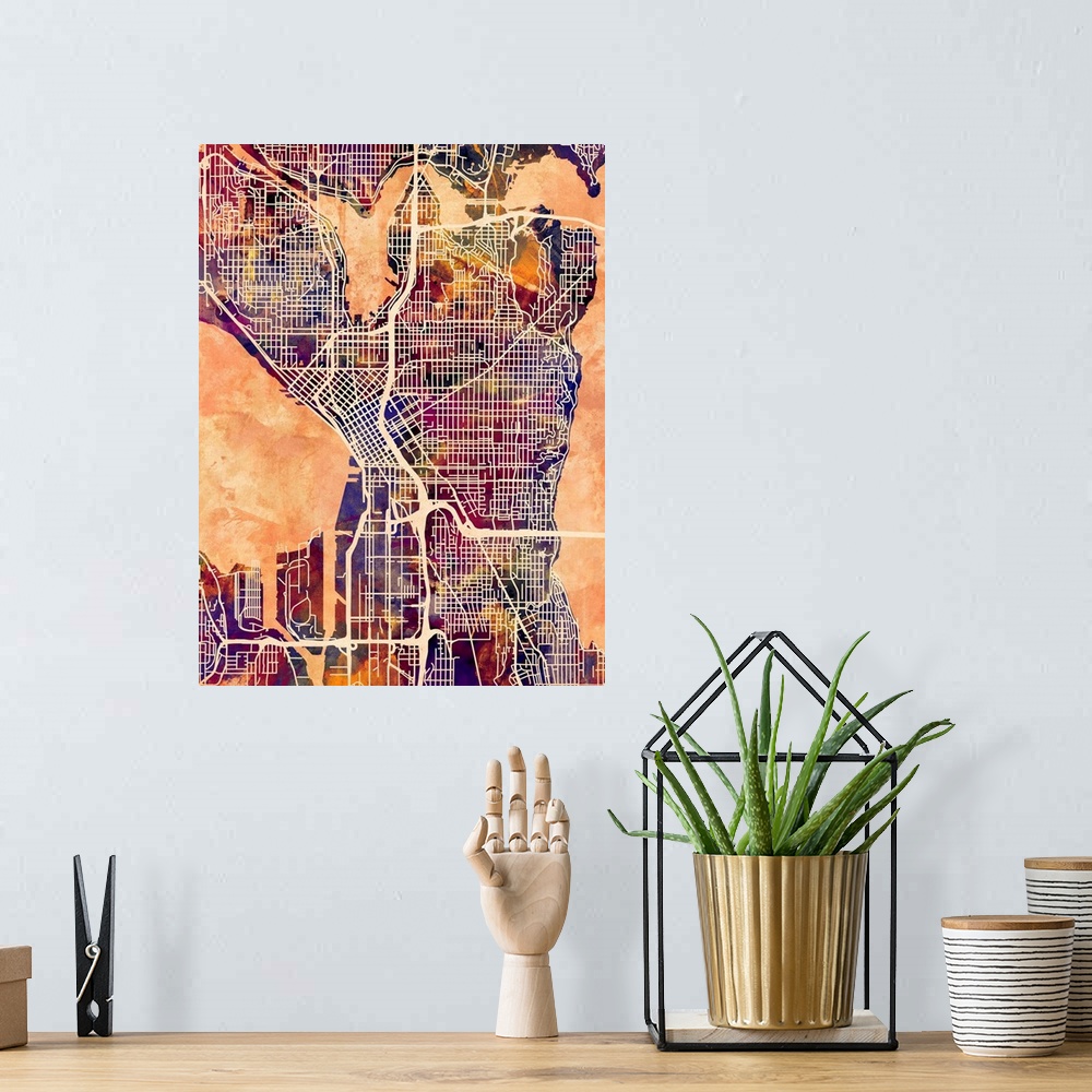 A bohemian room featuring Contemporary colorful city street map of Seattle.