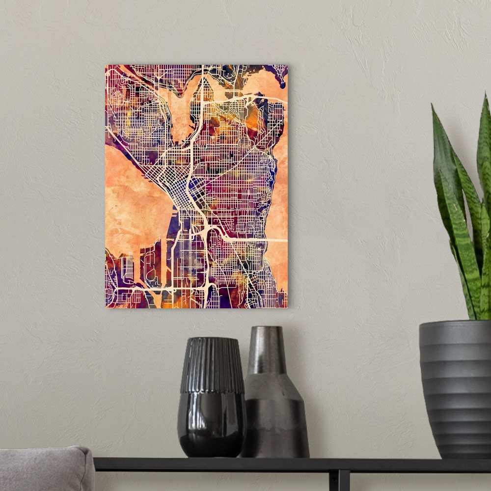 A modern room featuring Contemporary colorful city street map of Seattle.