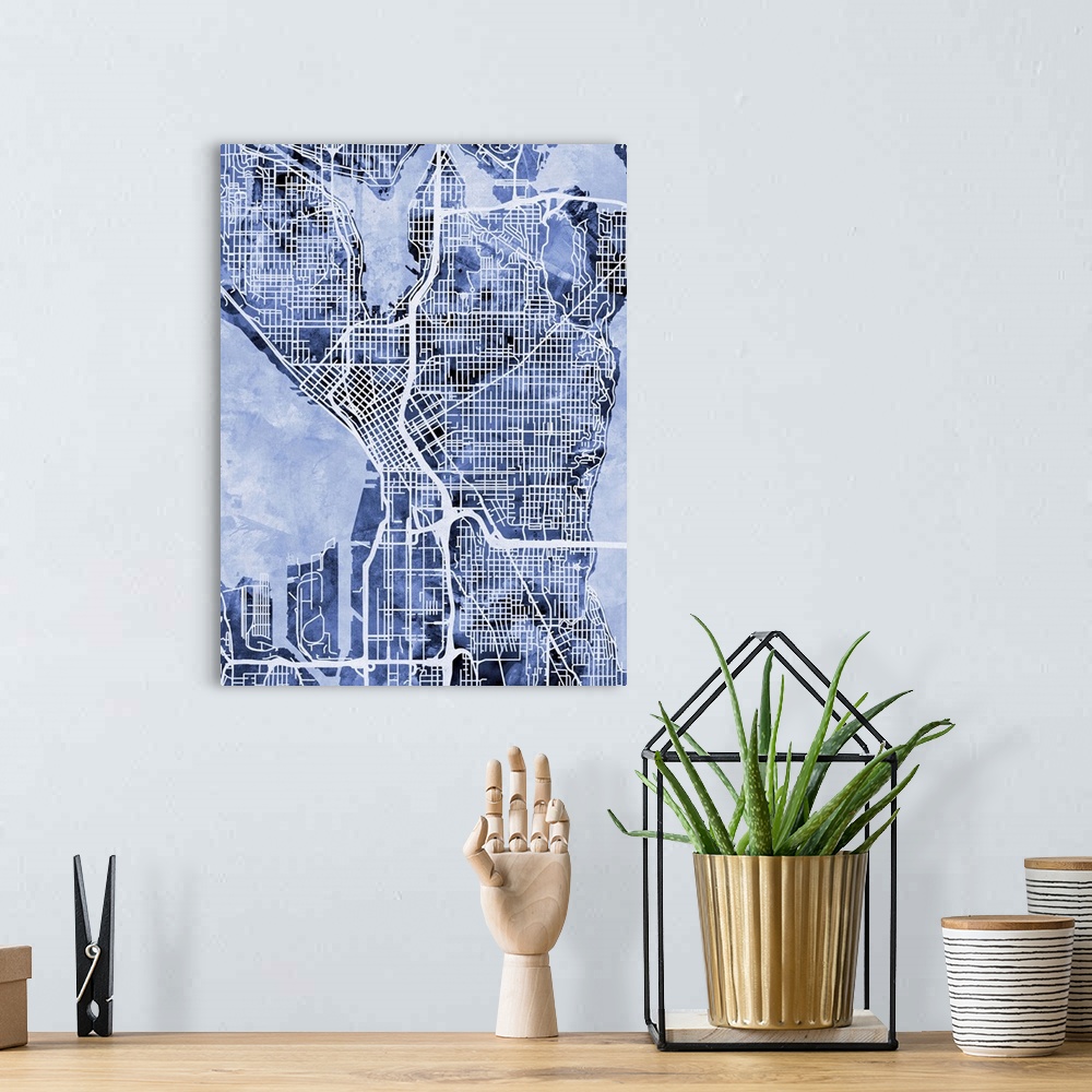 A bohemian room featuring Contemporary watercolor city street map of Seattle.
