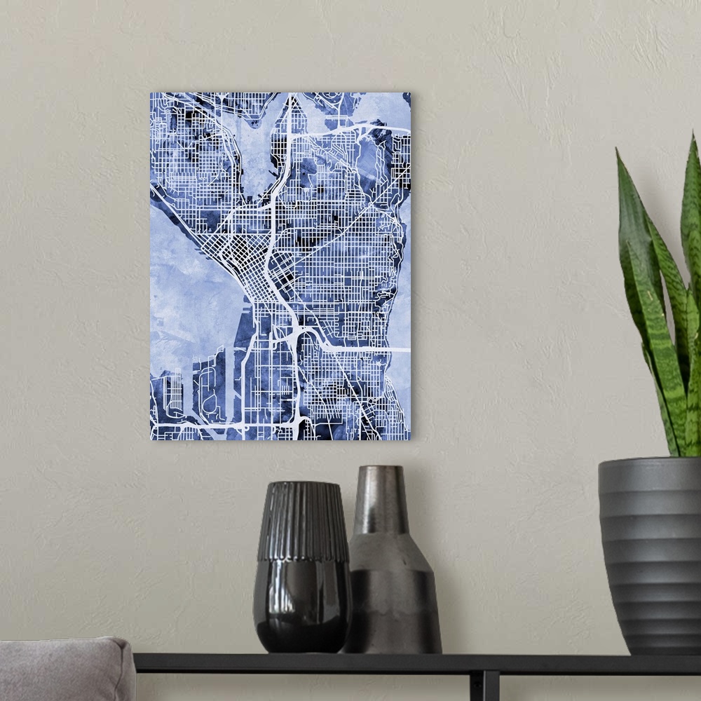 A modern room featuring Contemporary watercolor city street map of Seattle.