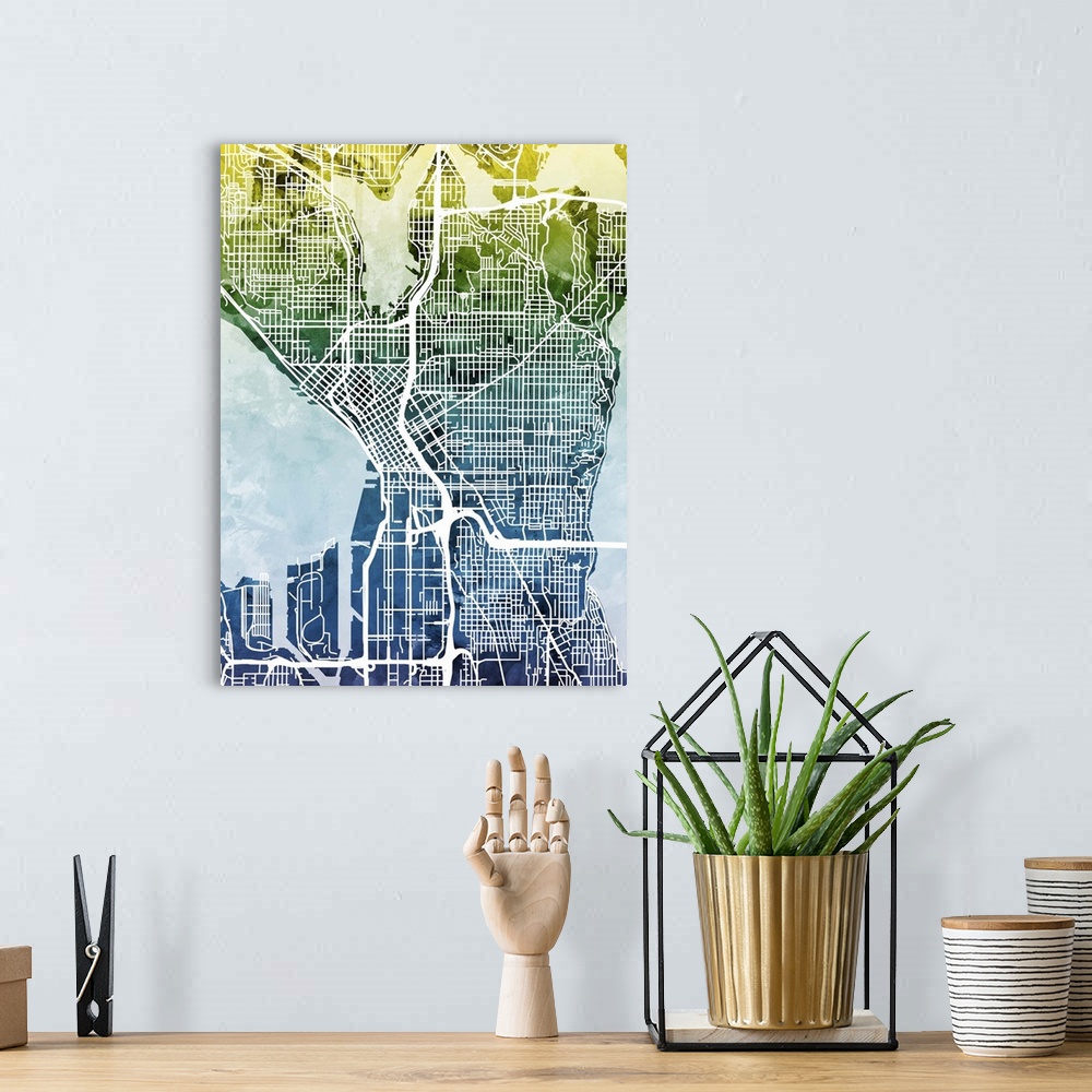 A bohemian room featuring Contemporary watercolor city street map of Seattle.