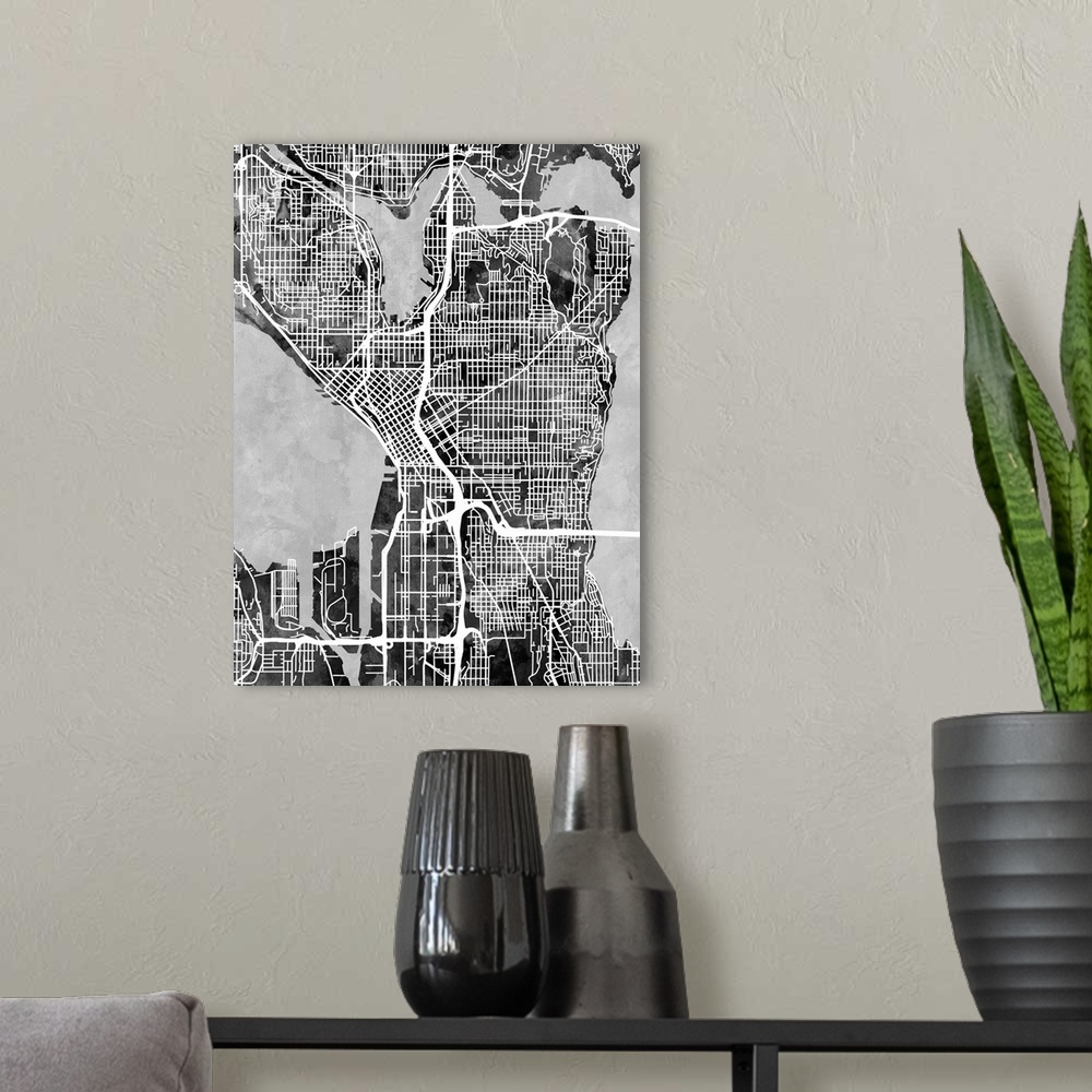 A modern room featuring Watercolor street map of Seattle, Washington, United States