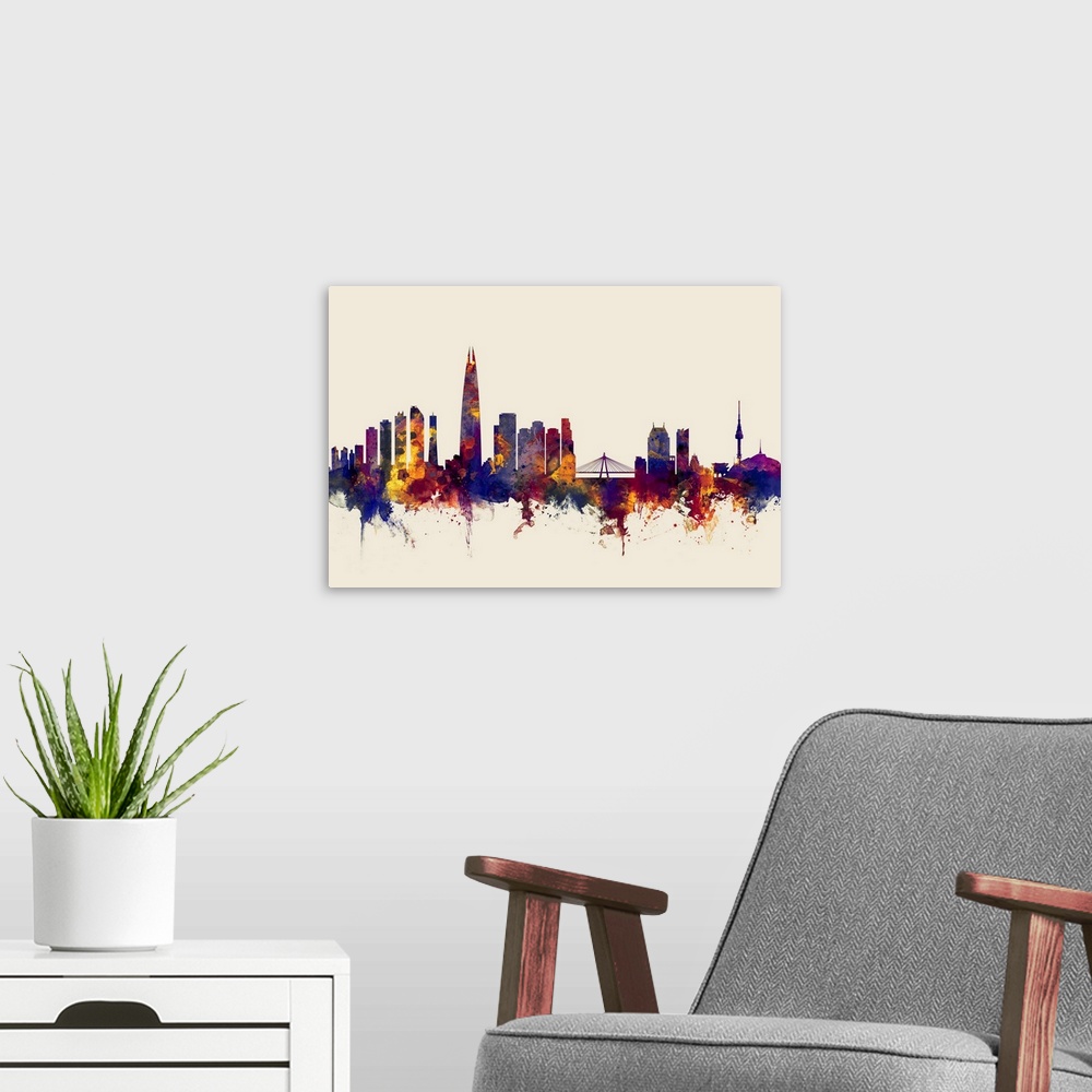 A modern room featuring Watercolor art print of the skyline of Seoul, South Korea