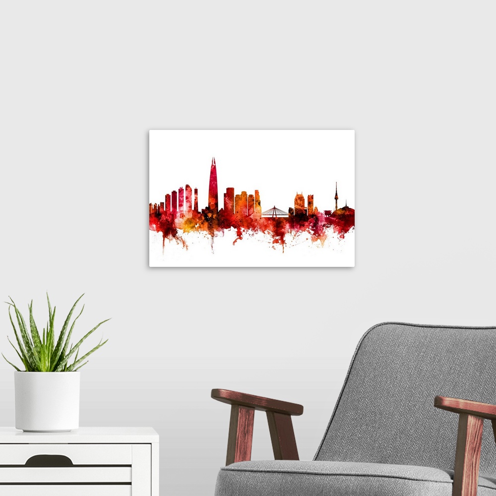 A modern room featuring Watercolor art print of the skyline of Seoul, South Korea.