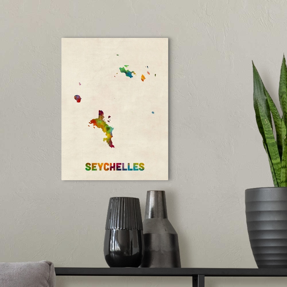 A modern room featuring A watercolor map of Seychelles.
