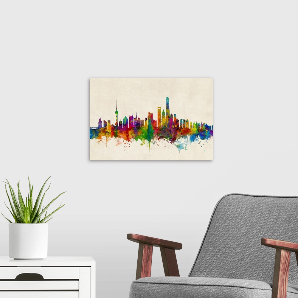 A modern room featuring Watercolor art print of the skyline of Shanghai, China