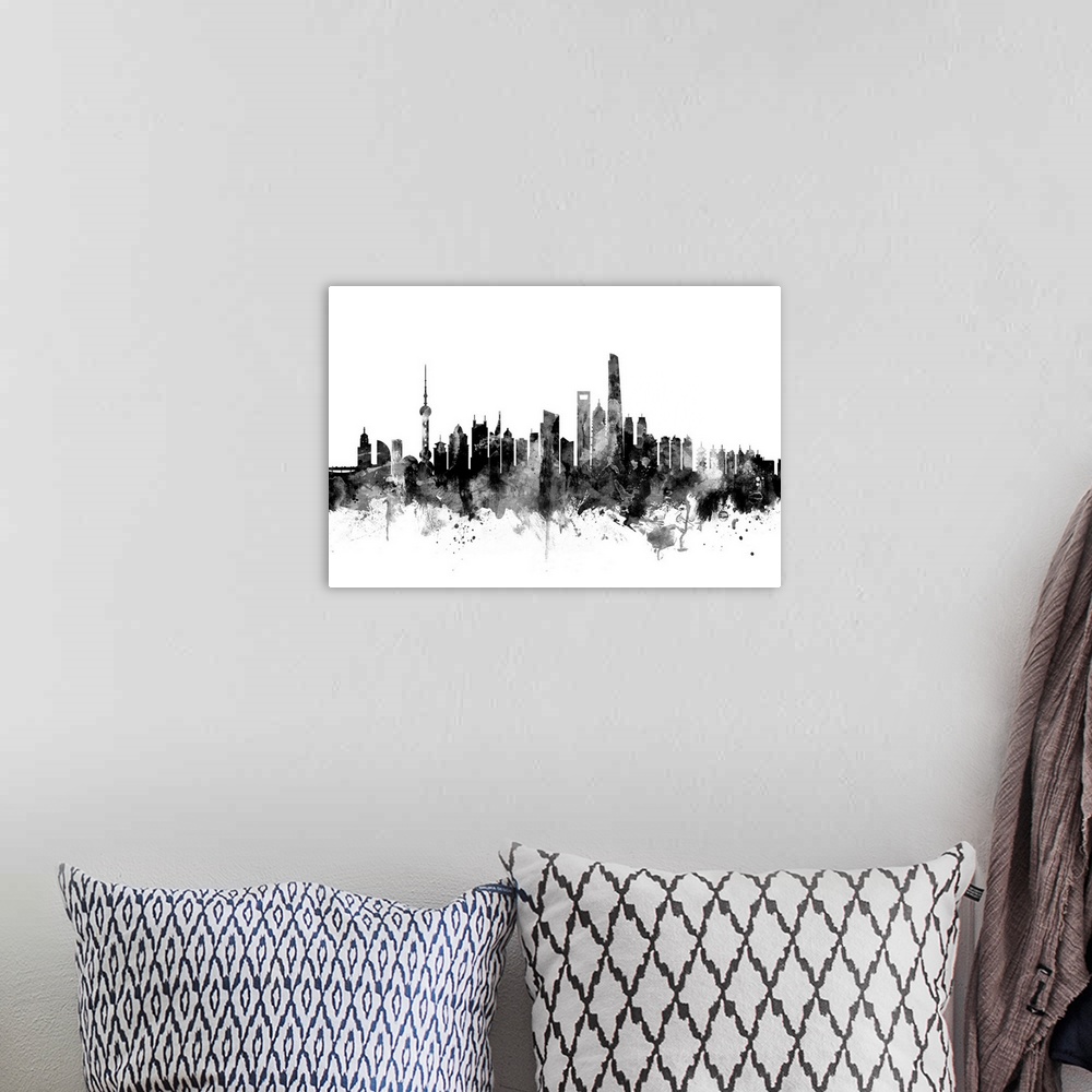 A bohemian room featuring Watercolor art print of the skyline of Shanghai, China