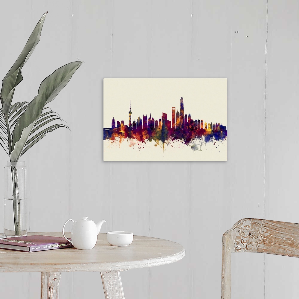 A farmhouse room featuring Watercolor art print of the skyline of Shanghai, China