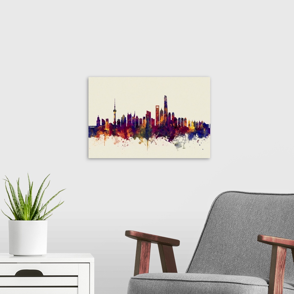 A modern room featuring Watercolor art print of the skyline of Shanghai, China