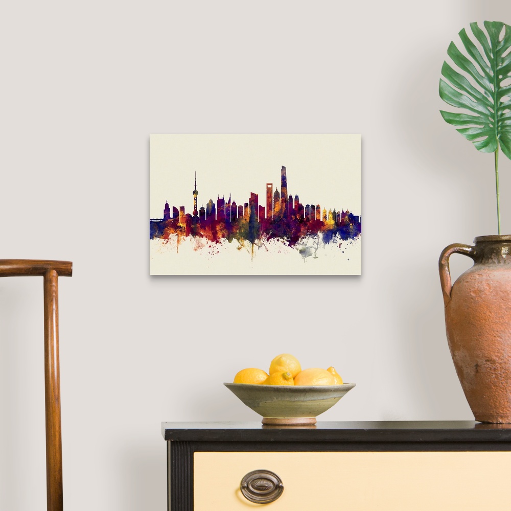 A traditional room featuring Watercolor art print of the skyline of Shanghai, China