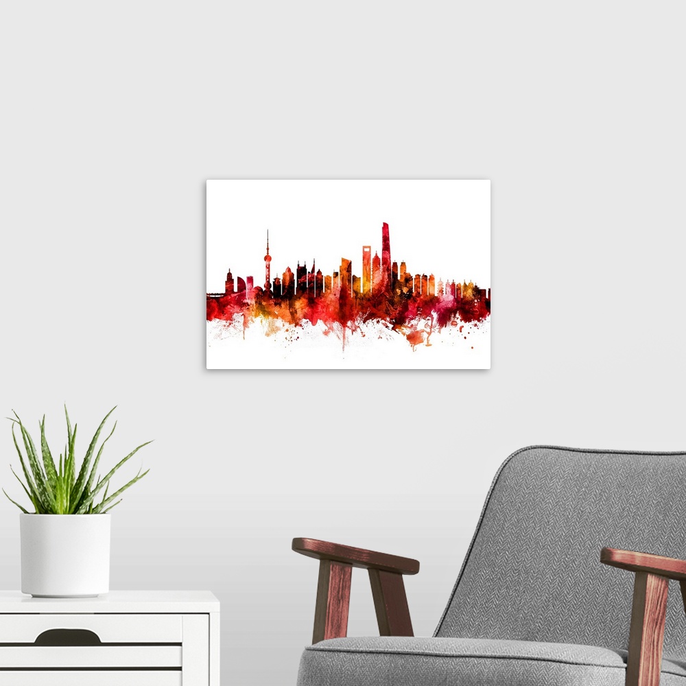 A modern room featuring Watercolor art print of the skyline of Shanghai, China.
