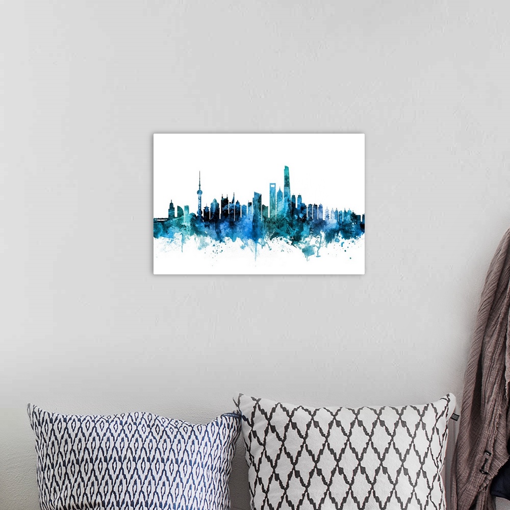 A bohemian room featuring Watercolor art print of the skyline of Shanghai, China.