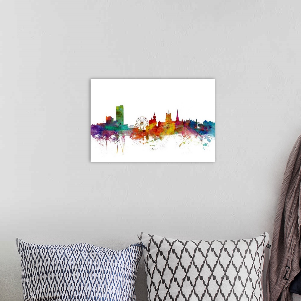 A bohemian room featuring Contemporary piece of artwork of the Sheffield skyline made of colorful paint splashes.
