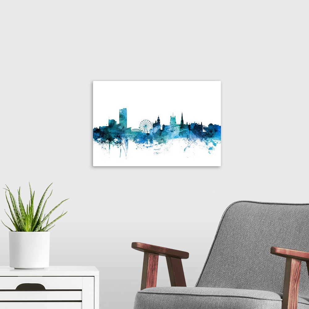 A modern room featuring Watercolor art print of the skyline of Sheffield, England, United Kingdom.