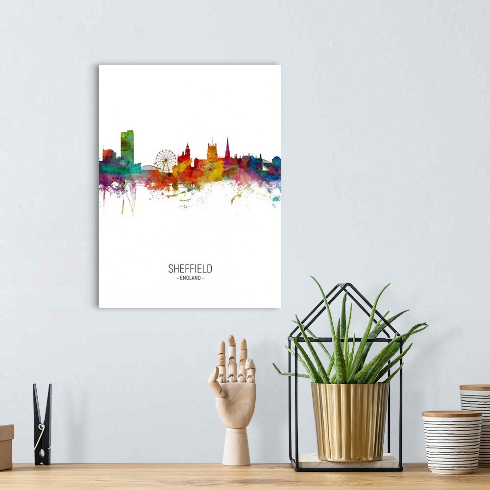 A bohemian room featuring Watercolor art print of the skyline of Sheffield, England, United Kingdom