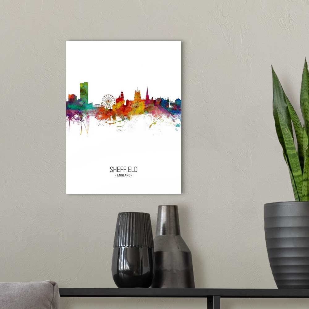 A modern room featuring Watercolor art print of the skyline of Sheffield, England, United Kingdom