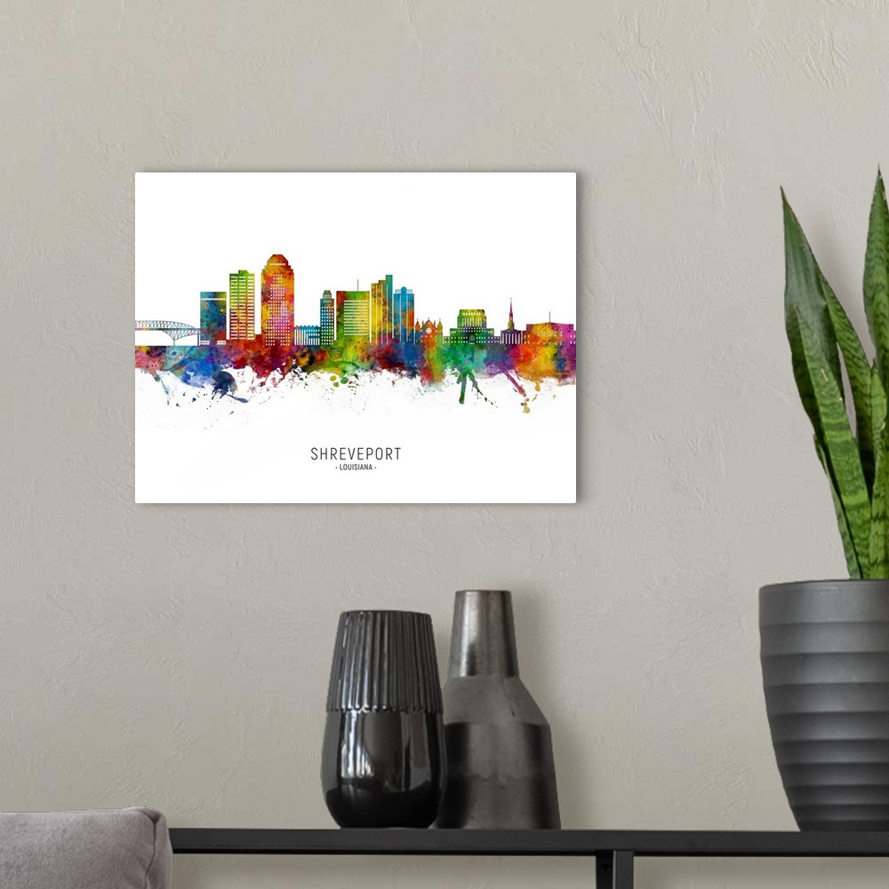 A modern room featuring Watercolor art print of the skyline of Shreveport, Louisiana