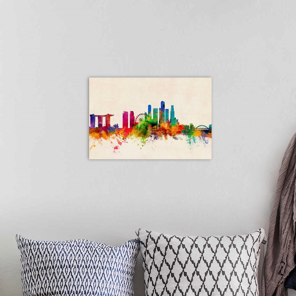 A bohemian room featuring Contemporary piece of artwork of the Singapore skyline made of colorful paint splashes.