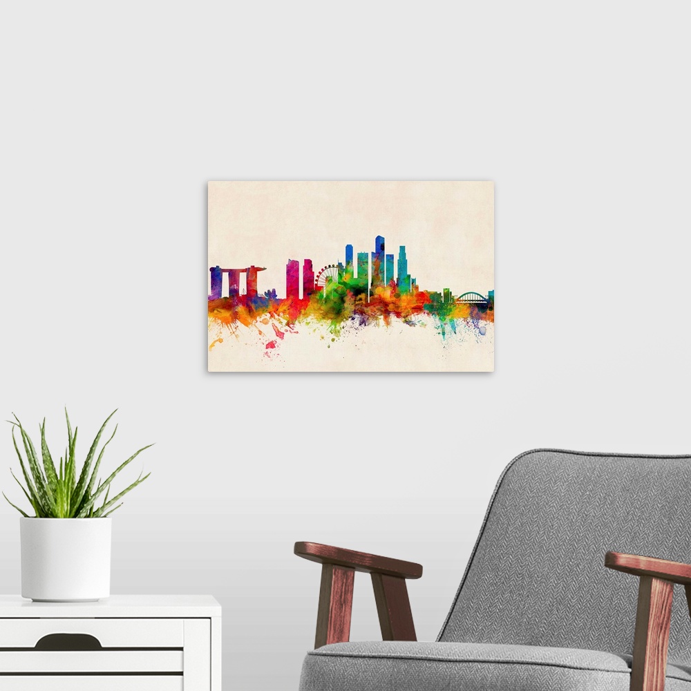 A modern room featuring Contemporary piece of artwork of the Singapore skyline made of colorful paint splashes.