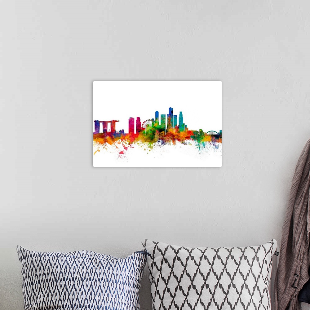 A bohemian room featuring Watercolor artwork of the Singapore skyline against a white background.