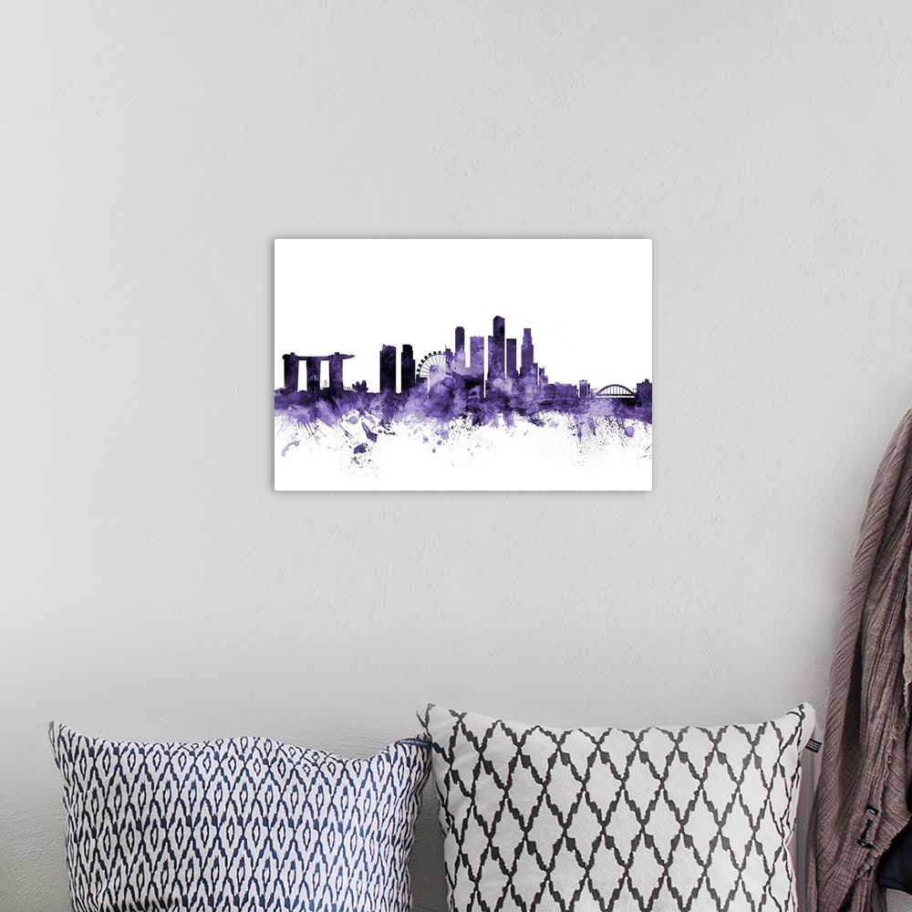 A bohemian room featuring Watercolor art print of the skyline of Singapore