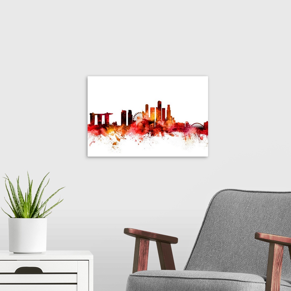 A modern room featuring Watercolor art print of the skyline of Singapore.