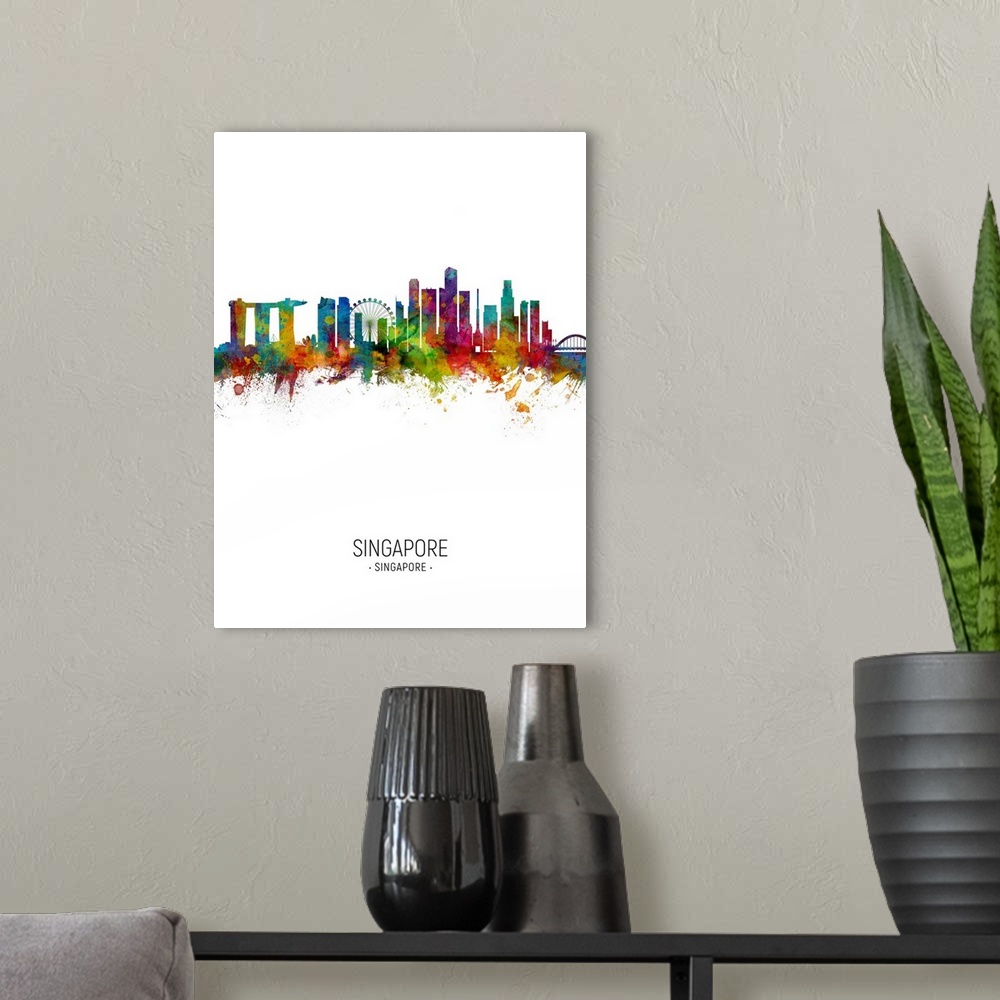 A modern room featuring Watercolor art print of the skyline of Singapore