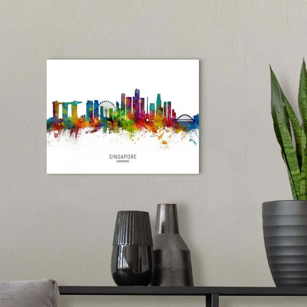 A modern room featuring Watercolor art print of the skyline of Singapore.