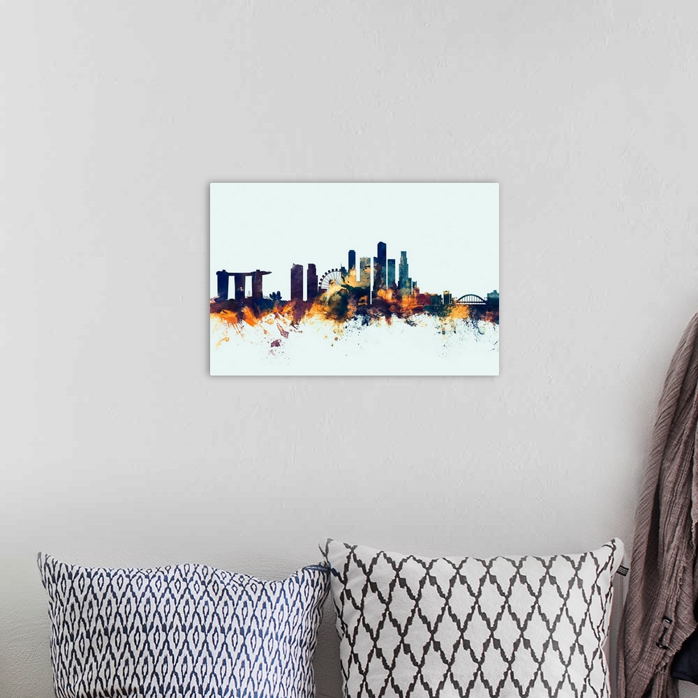 A bohemian room featuring Watercolor art print of the skyline of Singapore.