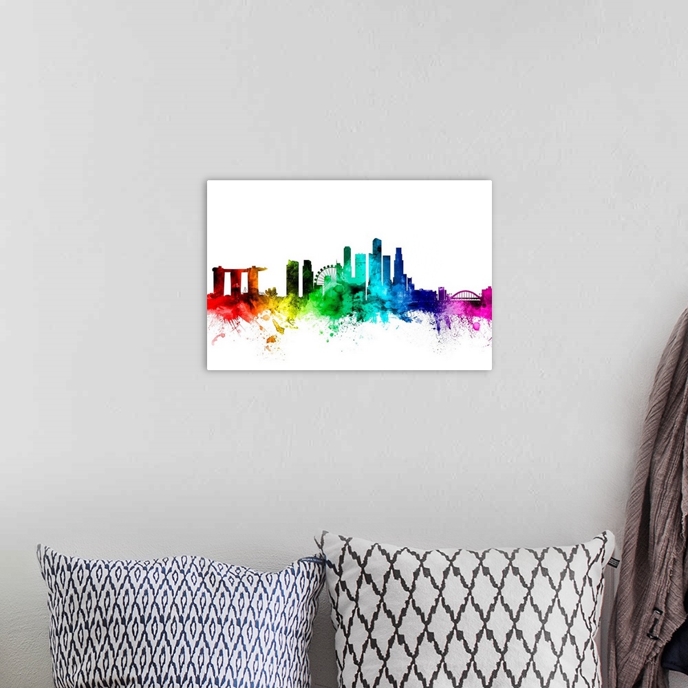 A bohemian room featuring Watercolor art print of the skyline of Singapore.