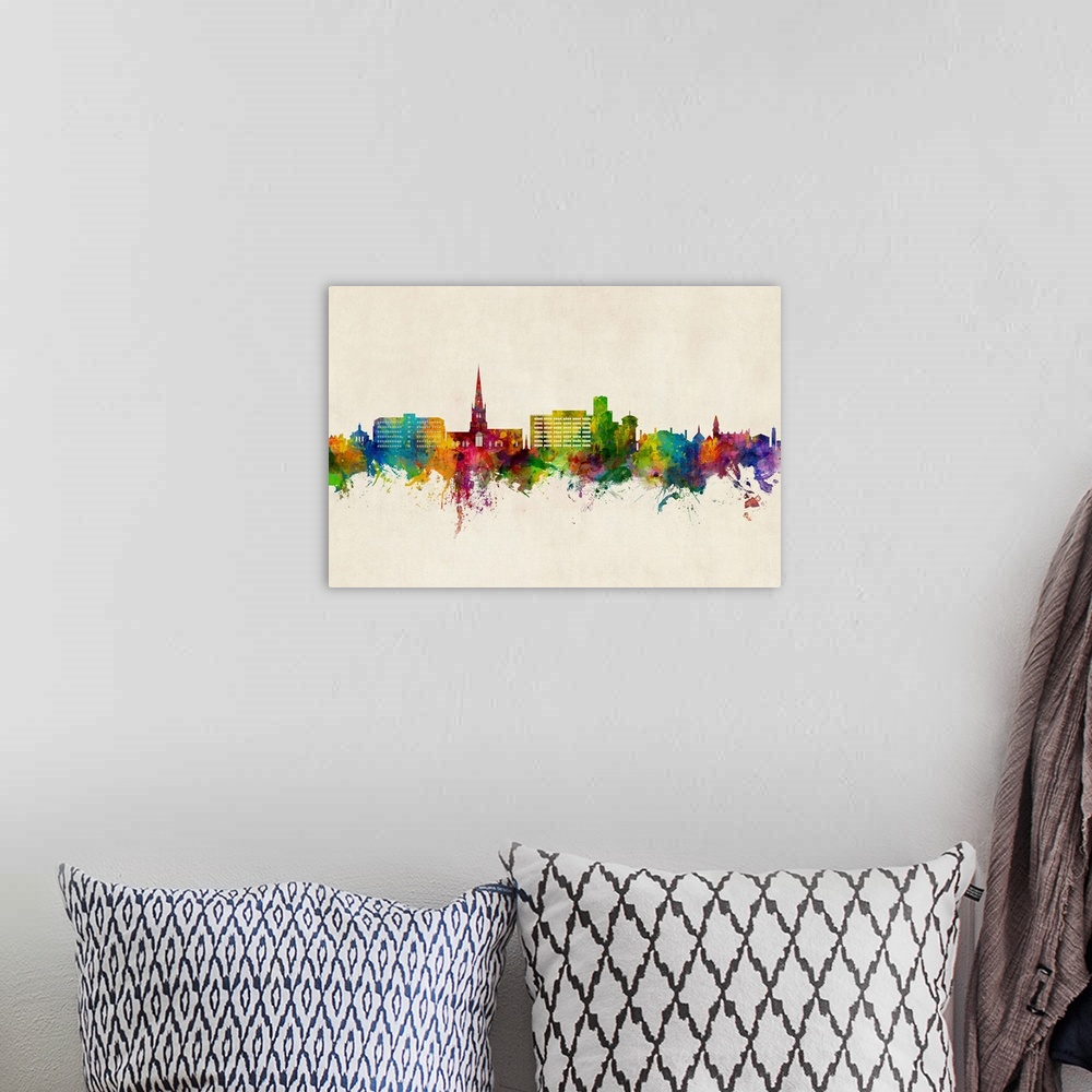 A bohemian room featuring Watercolor art print of the skyline of Solihull, England, United Kingdom