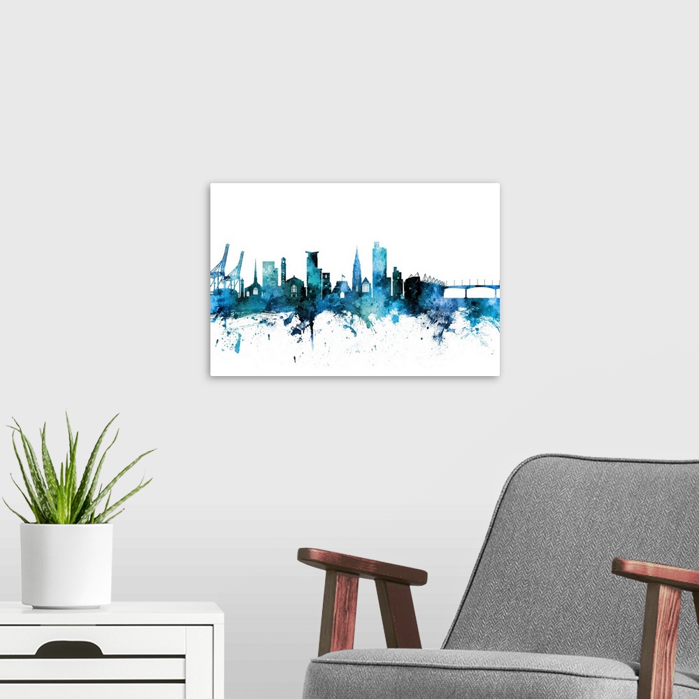 A modern room featuring Watercolor art print of the skyline of Southampton, England, United Kingdom.