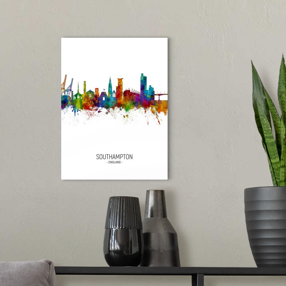 A modern room featuring Watercolor art print of the skyline of Southampton, England, United Kingdom