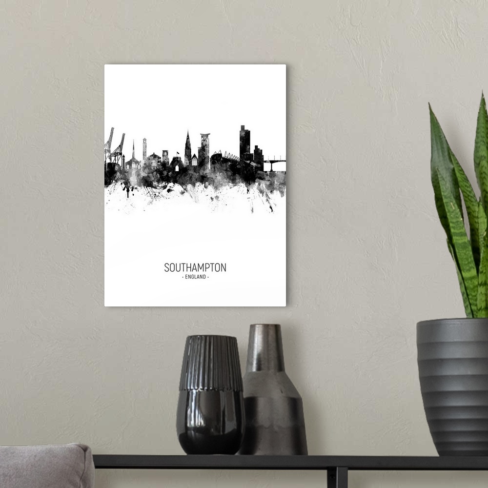 A modern room featuring Watercolor art print of the skyline of Southampton, England, United Kingdom