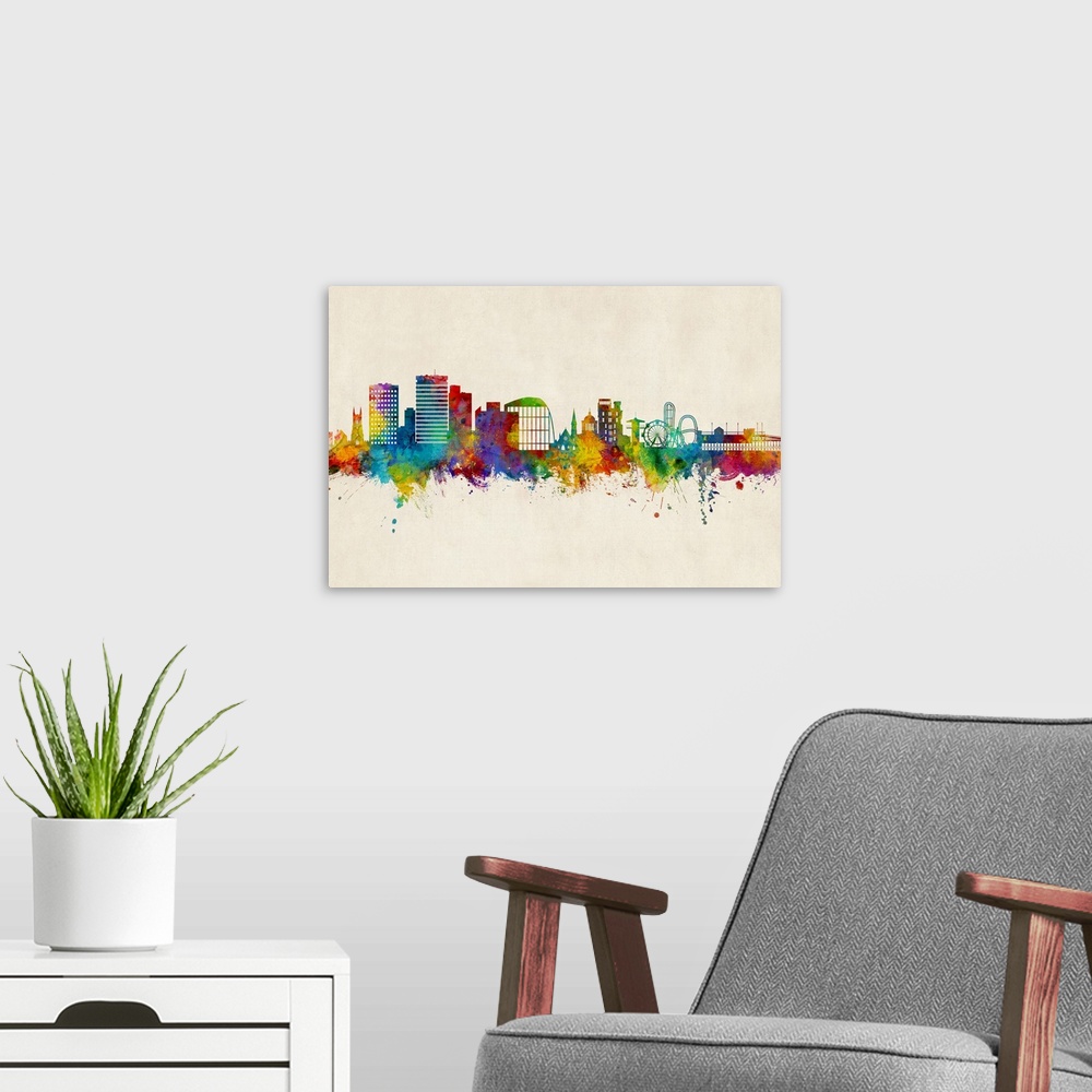 A modern room featuring Watercolor art print of the skyline of Southend-on-Sea, England, United Kingdom