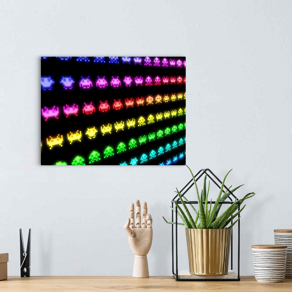 A bohemian room featuring Space Invaders artwork based on the retro arcade game