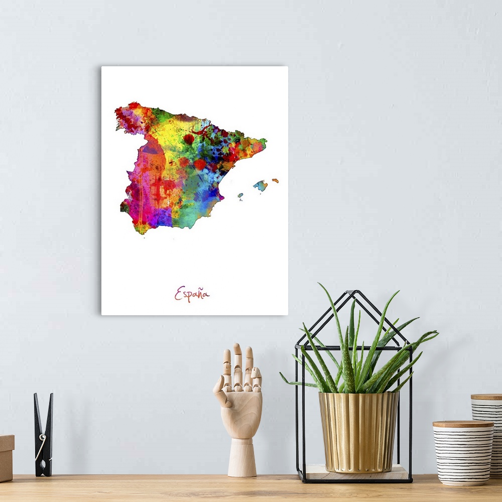 A bohemian room featuring Watercolor art map of the country Spain against a white background.