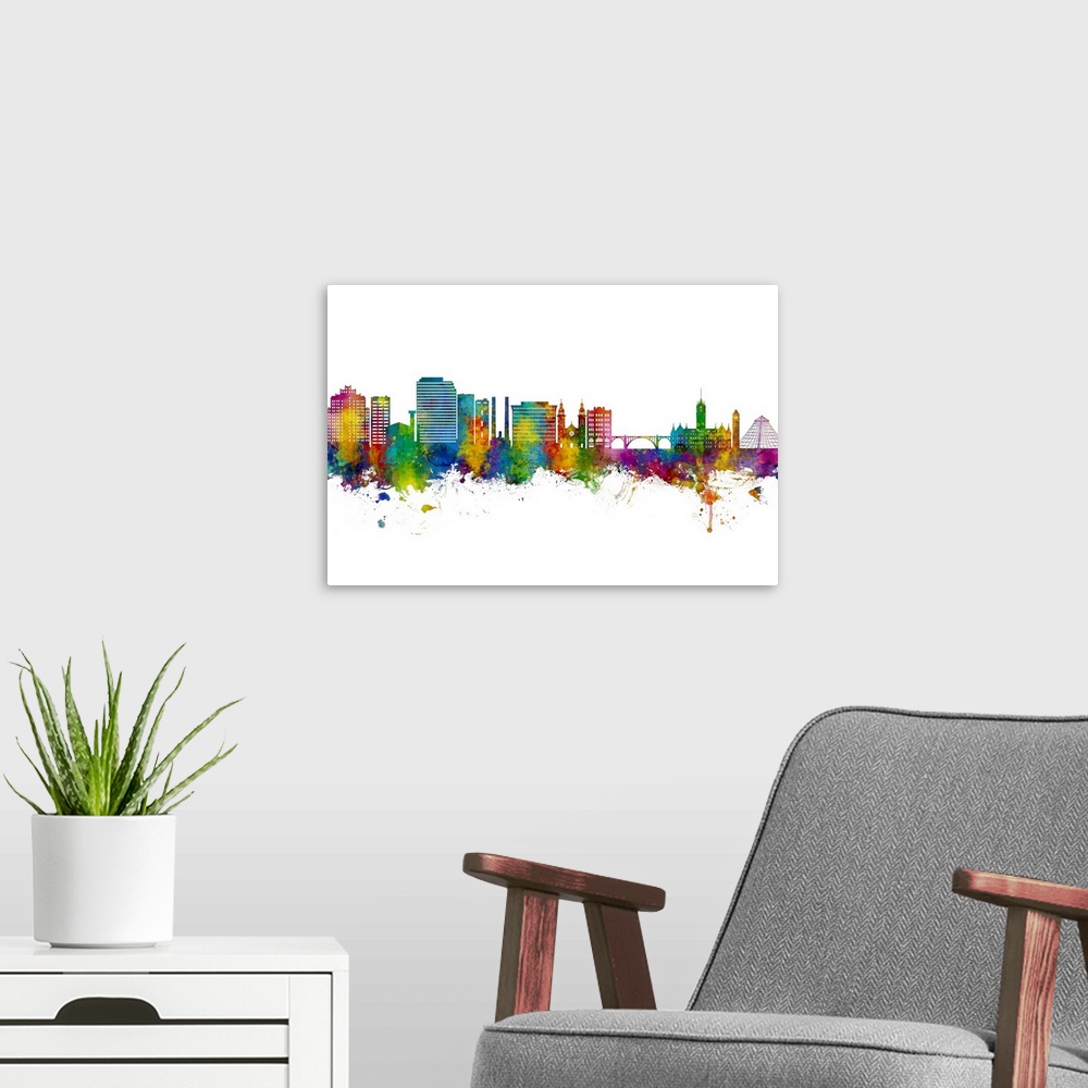 A modern room featuring Watercolor art print of the skyline of Spokane, Washington, United States